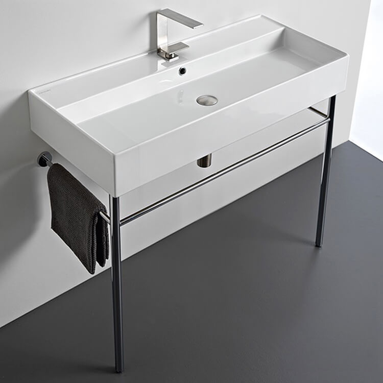 Scarabeo 8031/R-100A-CON-One Hole Large Rectangular Ceramic Console Sink and Polished Chrome Stand